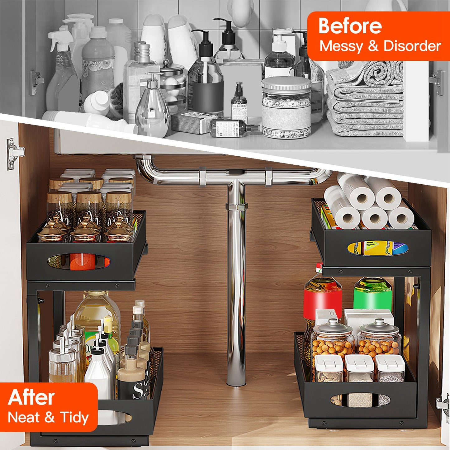 2-Tier Pull-Out Under Sink Organizer – Maximize Hidden Storage Instantly