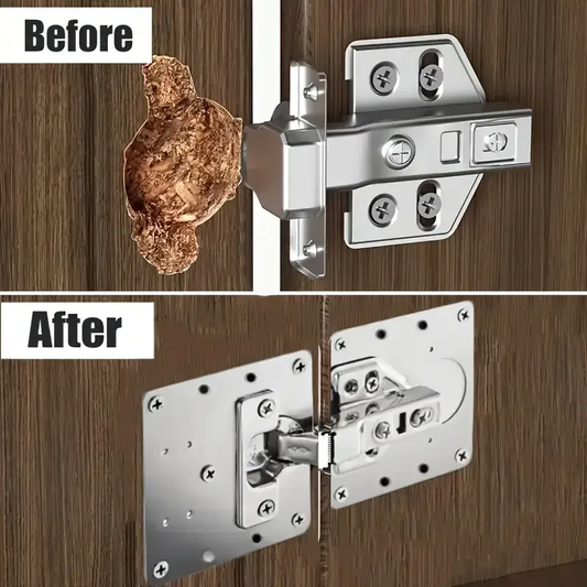 Before and after comparison of a metal hinge on wooden furniture. Save Money – No Need to Replace Cabinets